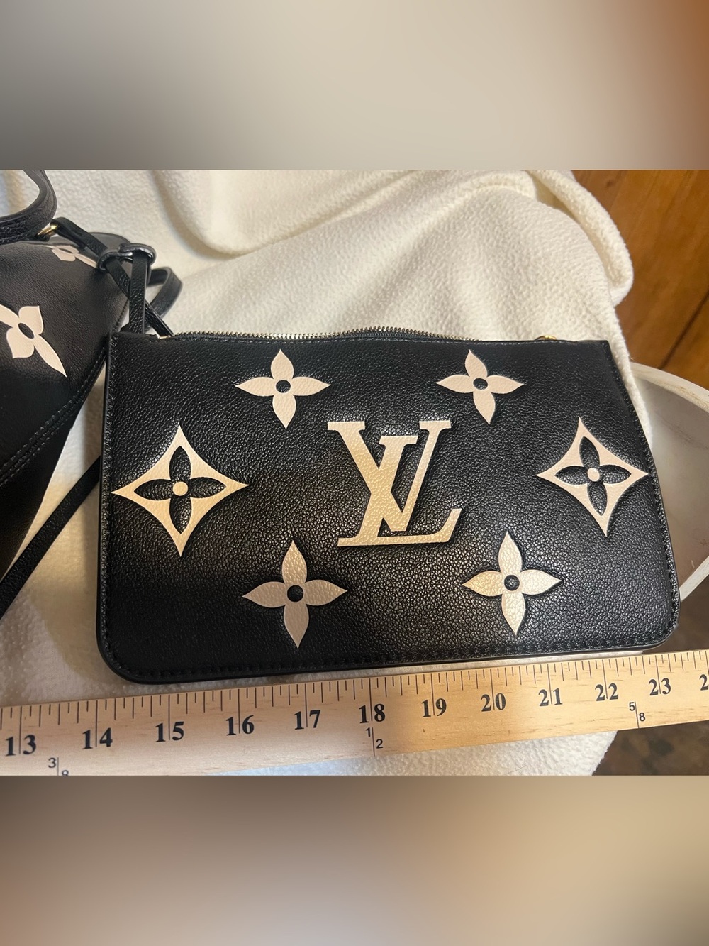 Black Tote with Cream Monogram Accents and Pouch - Picture 4 of 9